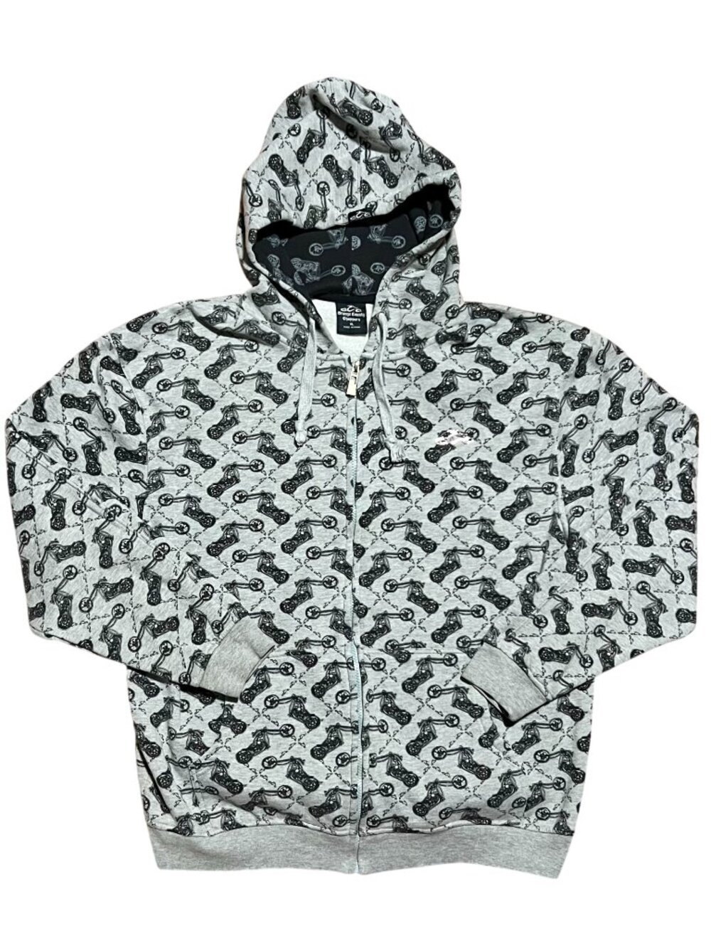 Orange County Choppers Y2K Motorcycle AOP Full Zip Gray Hoodie, Men's XL